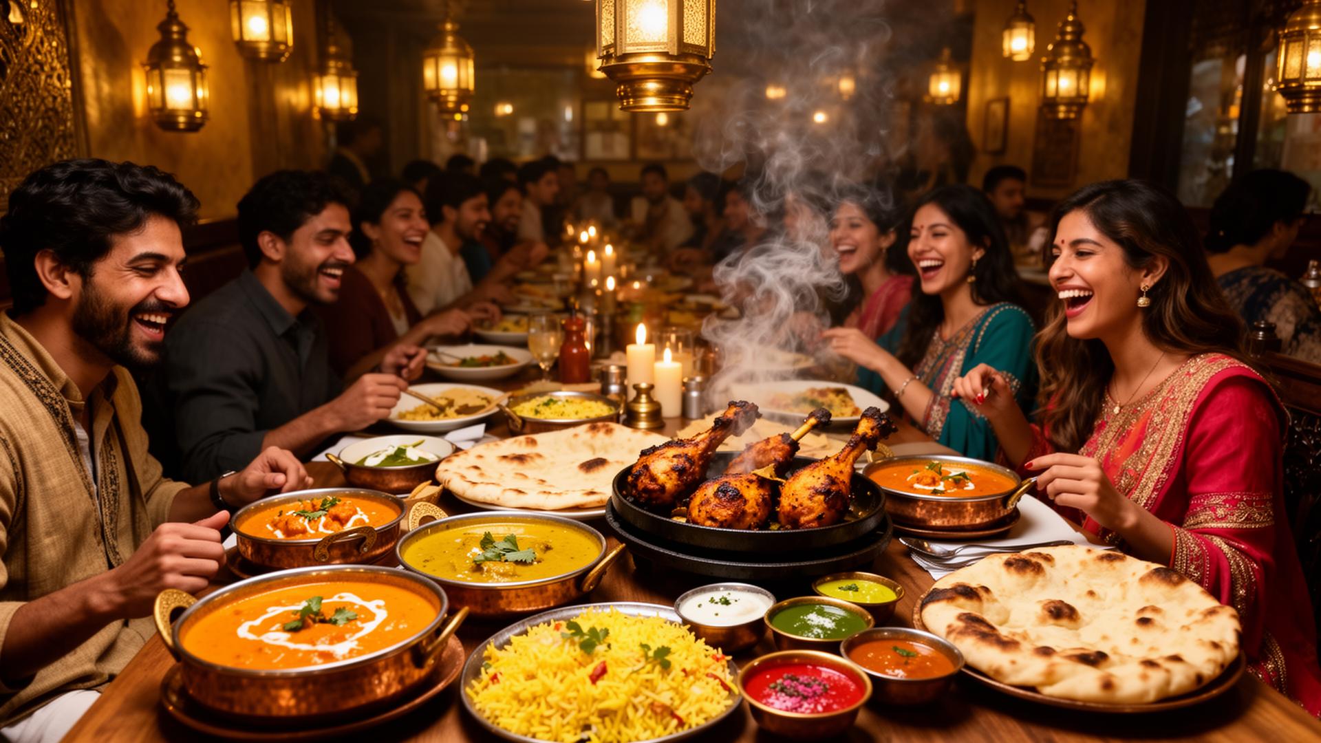 A warm, bustling Indian restaurant full of guests enjoying vibrant curries, naan, and tandoori dishes